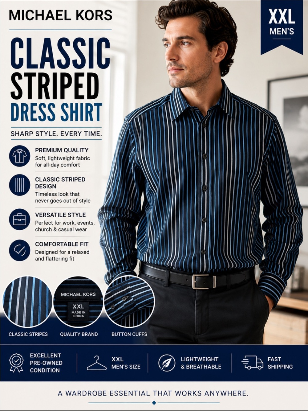Michael Kors Navy Blue Striped Dress Shirt